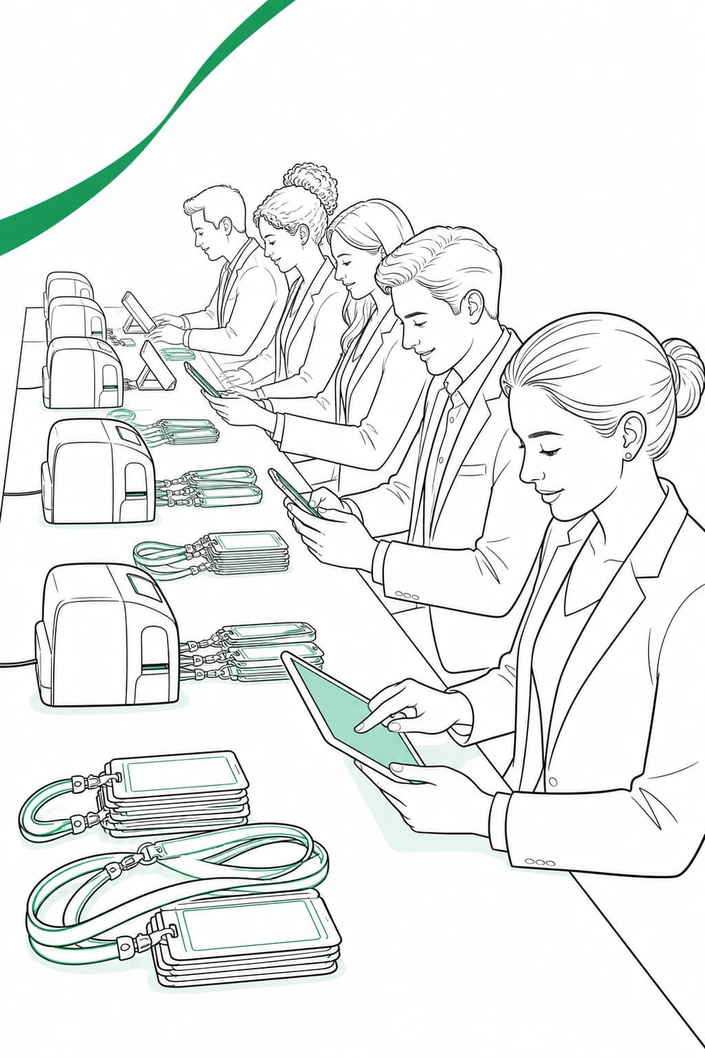 Line illustration of a NeoFlo on-site crew at a row of registration counters with badge printers and lanyards
