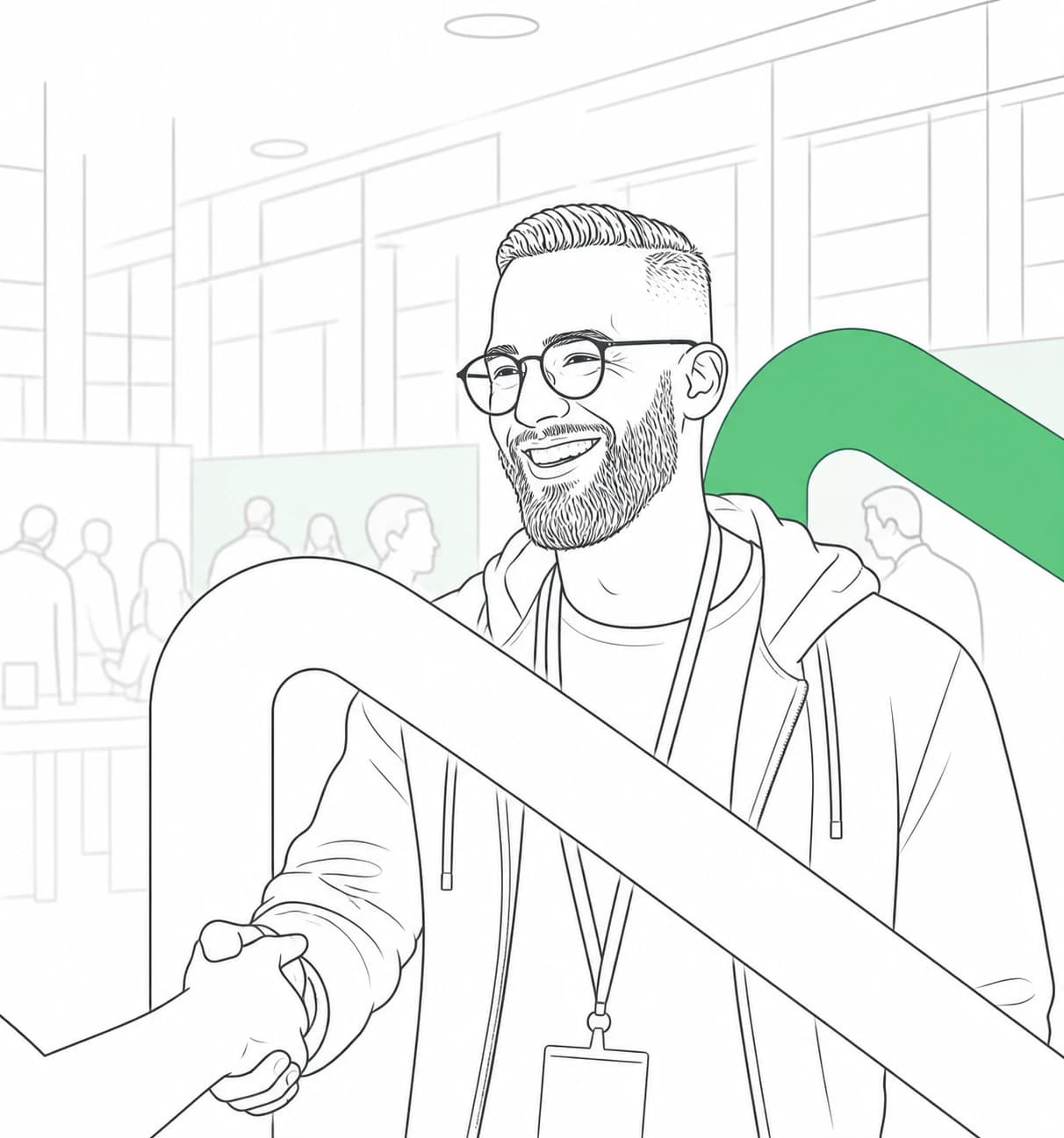 Line illustration of a NeoFlo team member shaking hands with a client on a busy registration floor