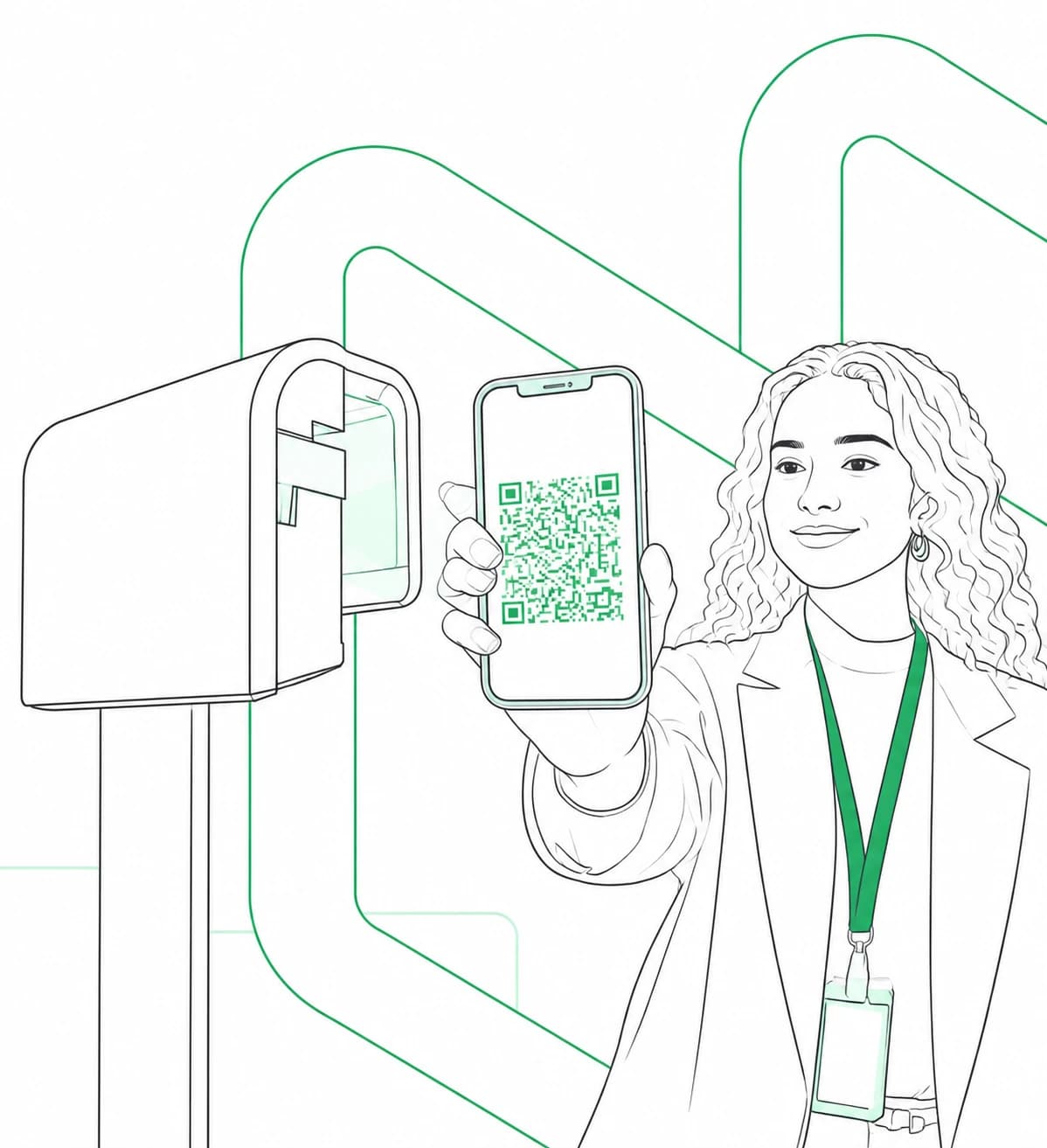 Line illustration of an attendee holding up a QR code on her phone to a NeoFlo self-check-in kiosk