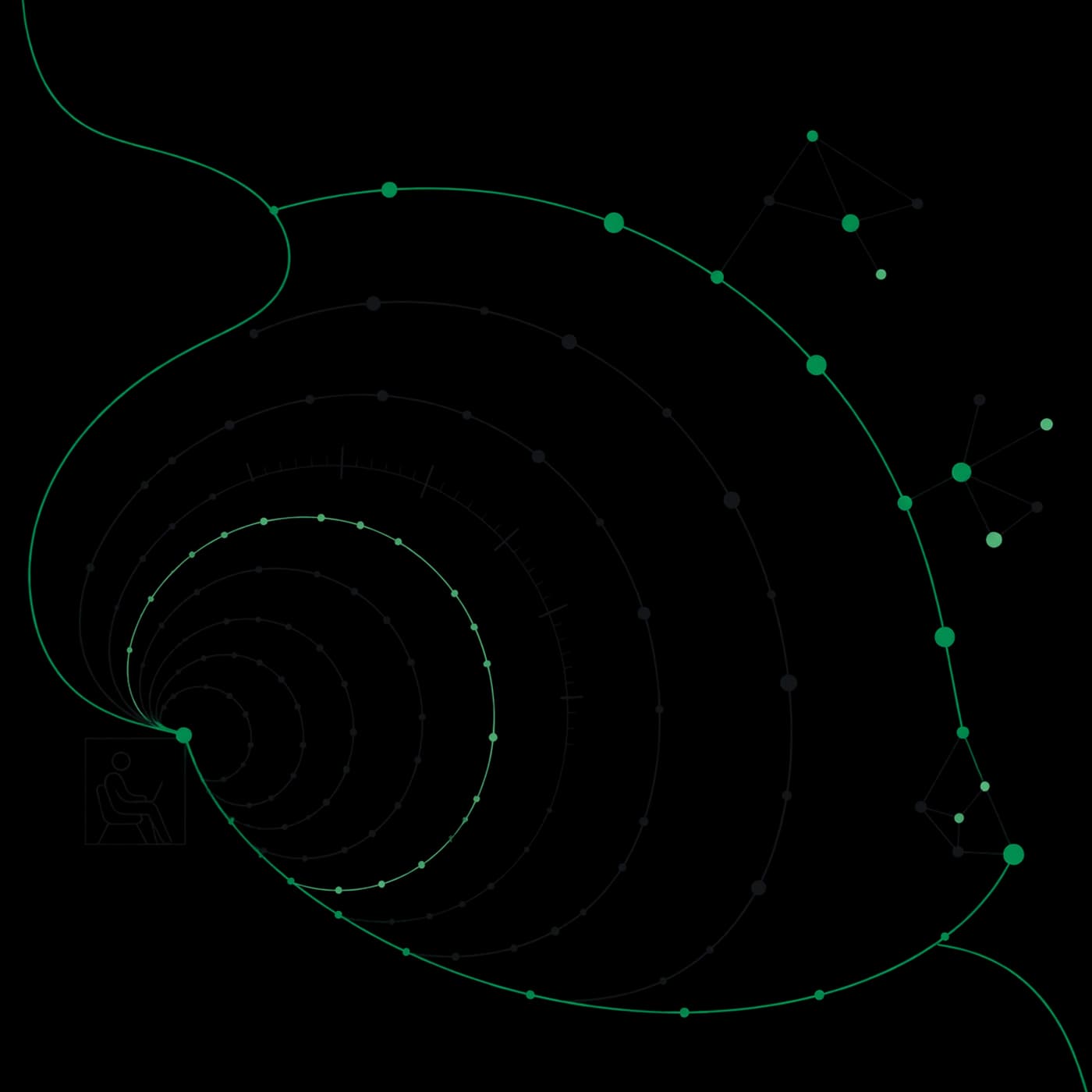 Line drawing: a single seated figure in a portrait frame with concentric arcs sweeping outward, dots on the outer arcs joined into constellations representing the second-degree network.