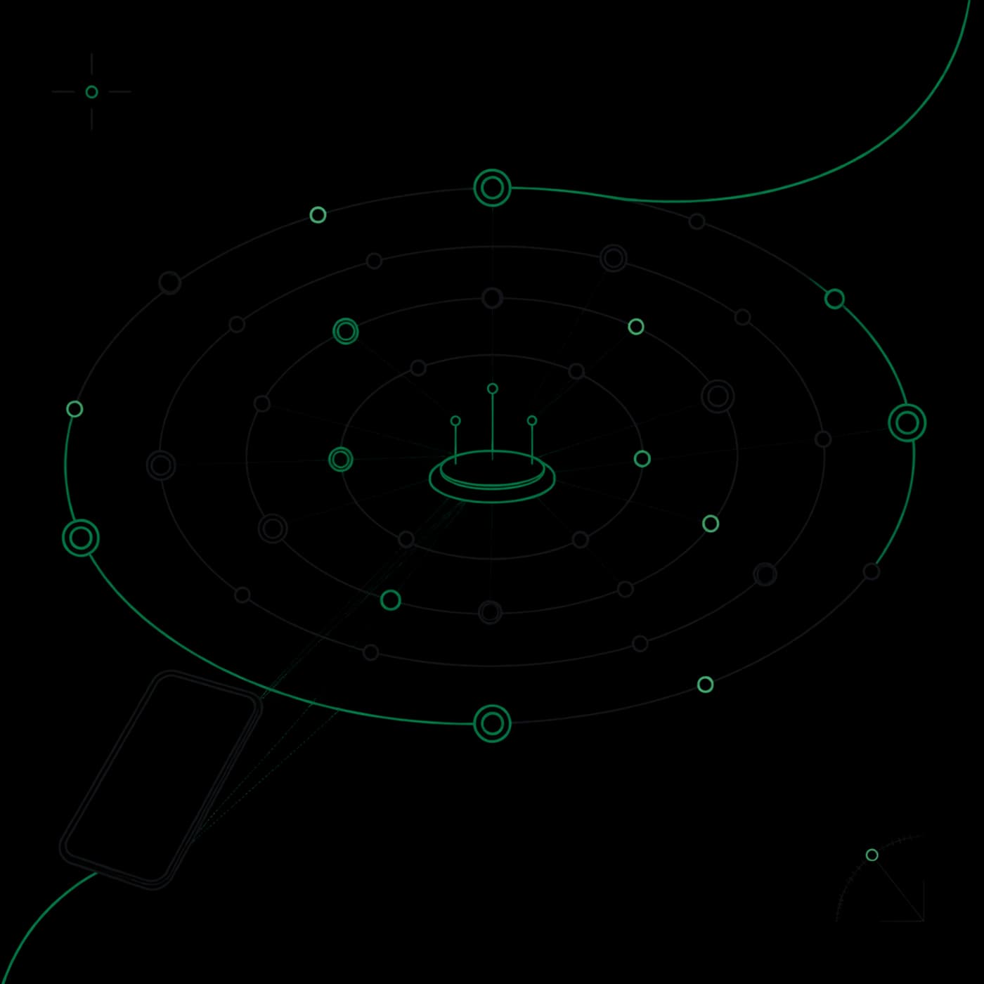 Line drawing: a conference day as an orrery, sessions orbiting a central stage on concentric rings, unfolding out of a plain phone outline, with a compass rose and sextant arc in the margins.