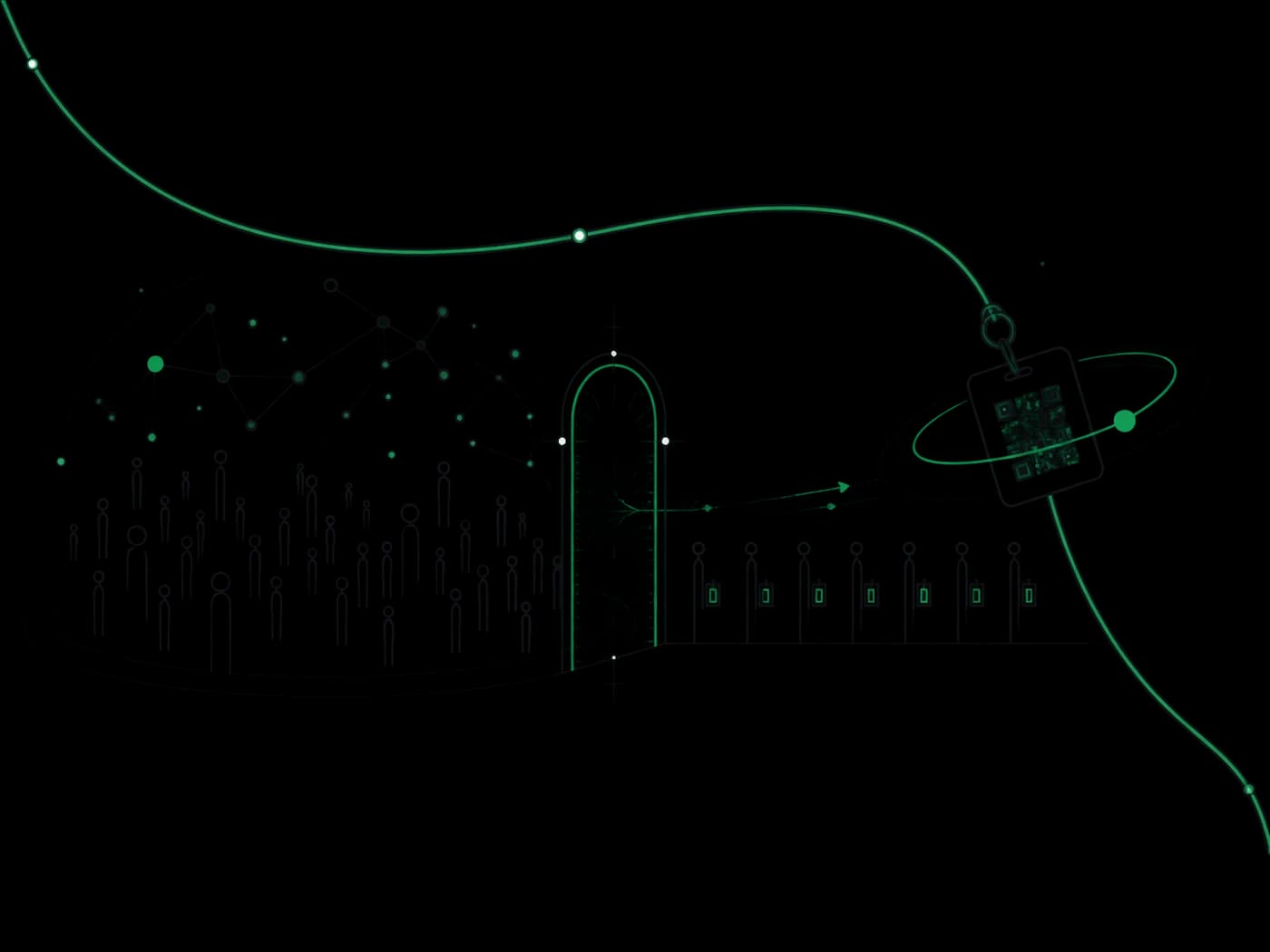 Line drawing: a crowd of figures converging on a single surveyed arch and emerging as an evenly spaced row of badged attendees, a lanyard cord running through a QR badge, with the crowd charted overhead as a constellation.