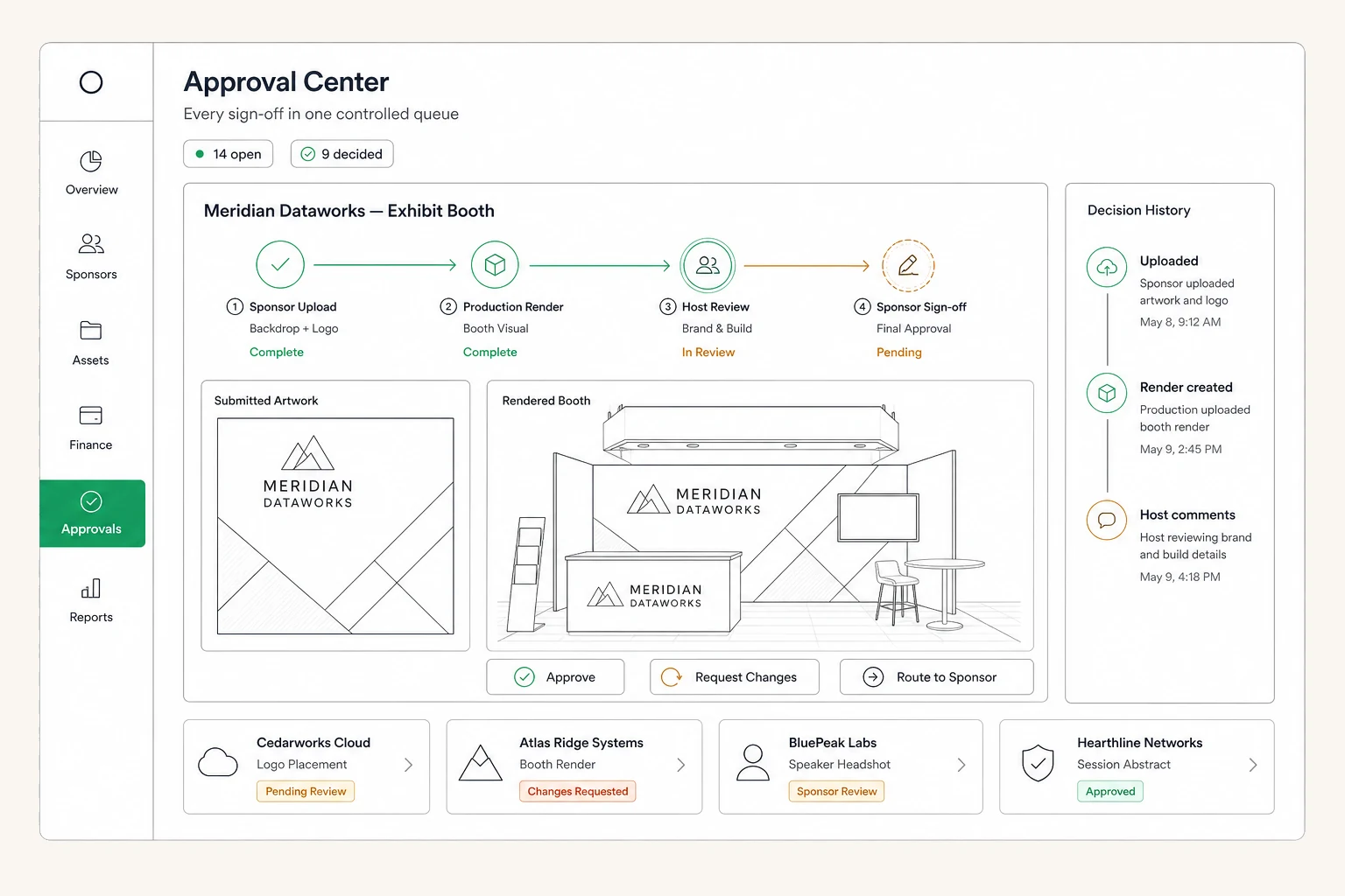 An Assets by NeoNiche approval in the sponsor's portal: the booth render, the thread, and two buttons, Approve and Request changes.